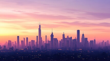 Fototapeta premium A soft pastel-colored sky at dawn, with the silhouette of a modern city skyline rising from the shadows as the first light of day breaks