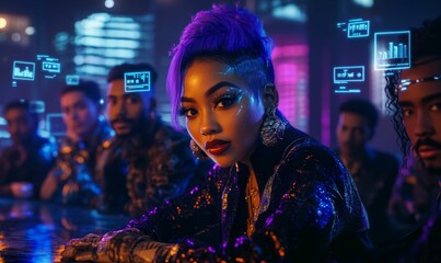 Obraz premium Cyberpunk woman with purple hair posing.