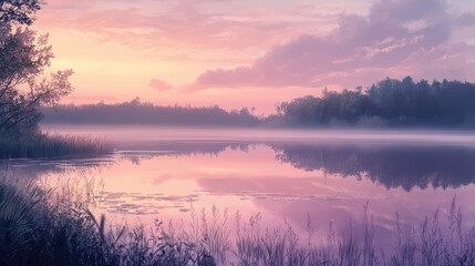 Obraz premium A soft sky over a pond at dusk, with gentle shades of peach and lavender reflected in the still water, creating a peaceful scene
