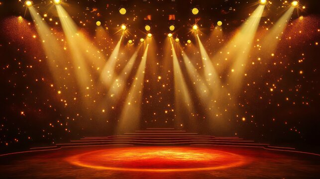 A dark stage with multiple spotlights casting a warm glow on a red stage and a circular platform.