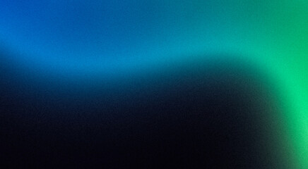 Abstract background grainy gradient blue green glowing wave shape, black backdrop banner poster header design, noise texture, copy space