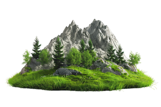 Natural 3D mountain with lush green fields and pine trees isolated on transparent background