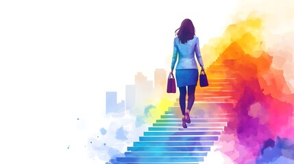 A woman in business attire climbing the stairs of success, depicted as colorful watercolor vector illustration with white background