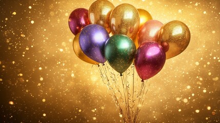 Colorful festive balloons on a sparkling golden background perfect for celebrations and parties