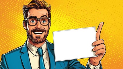 Smiling businessman in comic pop art style pointing to blank card with copy space for custom message on vibrant background