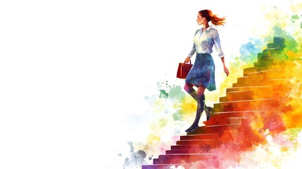 A woman in business attire climbing the stairs of success, depicted as colorful watercolor vector illustration with white background