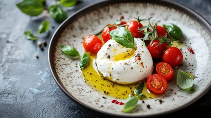 Creamy white burrata cheese with cherry tomatoes, basil, and olive oil on a plate.