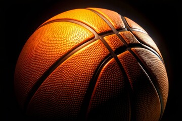 Close-Up Night Photography of an Orange Basketball with Dramatic Lighting for Sports Enthusiasts, Art, and Basketball Fans, showcasing Textures and Details in Dark Surroundings