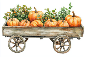A rustic wooden wagon filled with vibrant orange pumpkins and greenery, evoking the essence of autumn harvest.