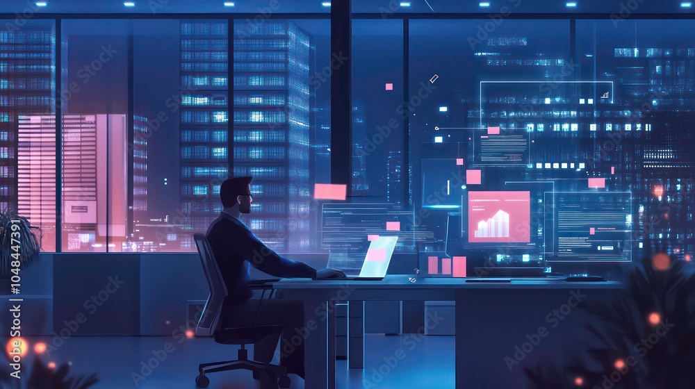Poster a man works late at night in a modern office with a view of a city skyline. he is surrounded by glow