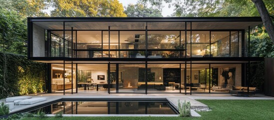 Obraz premium Suburban modernist villa features extensive windows, enhancing indoor-outdoor living.