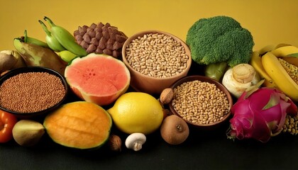 Group of food with high content of dietary fiber arranged side by side
