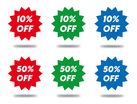Set of 10 & 50 percent off promotion badges