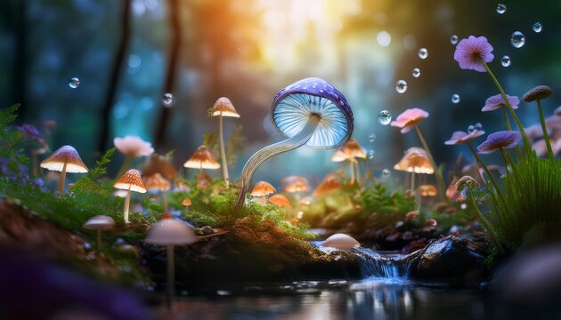 A playful brook rill stream scene with fantastic flowers and mushrooms in forest for background_