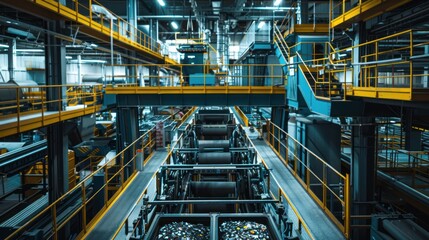 Fototapeta premium Industrial Conveyor Belt System with Yellow Handrails in a Factory