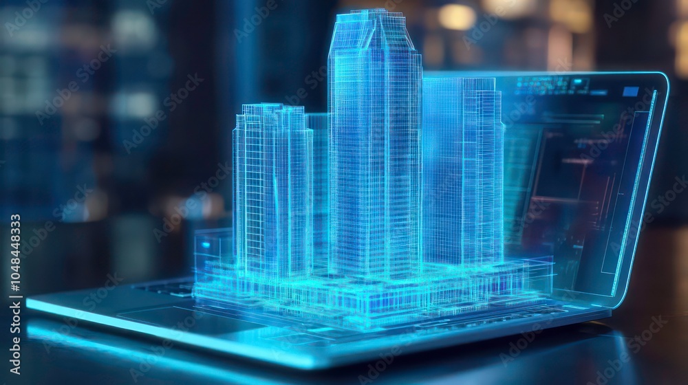 Poster a 3d model of a modern skyscraper emerges from a laptop screen, representing the concept of urban de