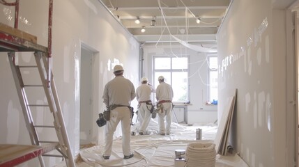 A team of painters carefully priming the walls of a newly renovated office space.