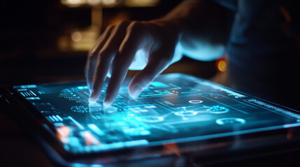 Fototapeta premium A transparent tablet with a digital virtual keyboard projection, showing advanced input technology where a virtual keyboard image is projected onto a surface.