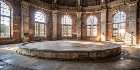 Obraz premium A circular concrete platform in a decaying industrial building, bathed in the soft glow of sunlight streaming through arched windows.