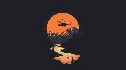 A minimalist illustration of a helicopter flying over a mountain range and river, framed by a circular orange sunset against a dark background.