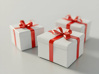 Obraz premium White background, three white gift boxes with red ribbons, a gift box series, front view, commercial photography