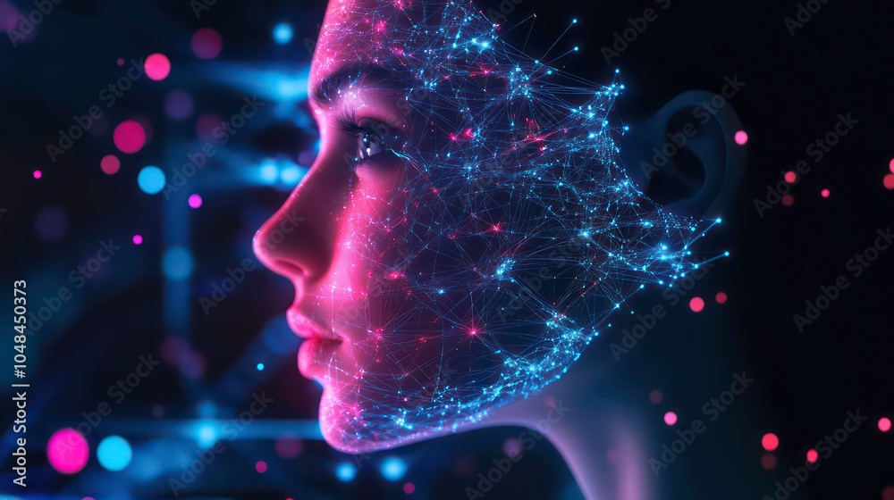 Poster a woman's face is obscured by a digital network of glowing lines and dots.