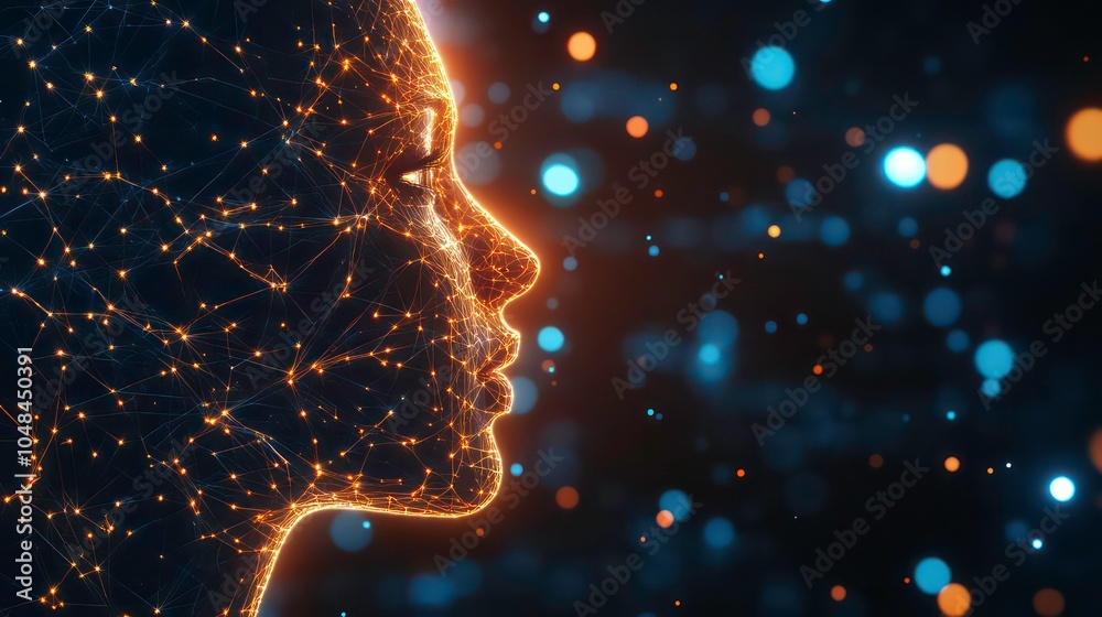 Aufkleber A glowing digital profile of a human face made of connected lines and dots against a dark background with sparkling blue and orange bokeh lights.