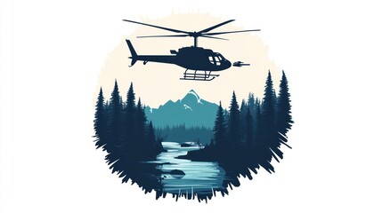 A black silhouette of a helicopter flying over a river and mountains in a forest.