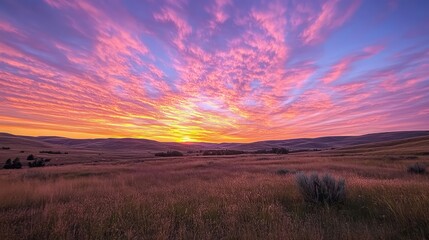 Fototapeta premium A vibrant morning sky with streaks of pink and orange clouds lighting up the sky as the sun rises behind distant hills