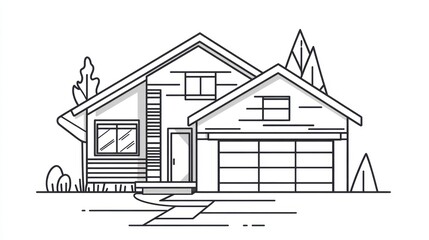 Line drawing illustration of a modern suburban home with a garage, front door, windows, and landscaping.