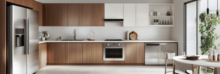 Elegant and refined Snow Valley kitchen with light walnut cabinets and dining space.