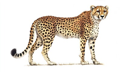 A cheetah stands on a white background, looking directly at the viewer. Its spots are clearly visible.
