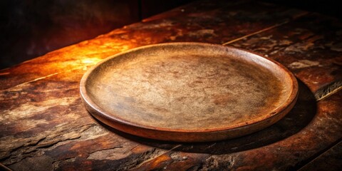 Fototapeta premium A rustic wooden plate rests on a weathered, wood table, casting a shadow that highlights the natural texture of the wood.