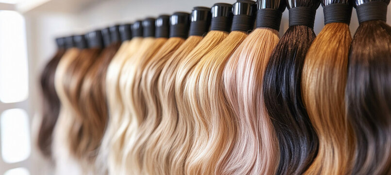 Hairdresser holding variety of hair extensions color swatches samples