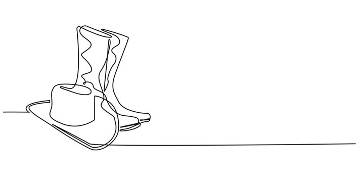 continuous line cowboy hat and boots.one line drawing of cowboy boots and hat.cowboy equipment accessories.single line vector illustration.isolated white background