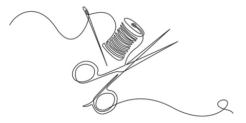 continuous line of needle, thread and scissors.one line drawing of clothing sewing equipment.single line vector illustration of boutique and clothing convection.isolated white background