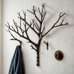 Minimalist Tree Branch Coat Rack – A slim metal coat rack inspired by the natural form of a tree branch, with simple hooks at different heights, set against a white background