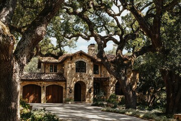 Intricate ironwork and stone facade feature on a rustic home amid mature oak trees.