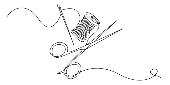 continuous line of needle, thread and scissors.one line drawing of clothing sewing equipment.single line vector illustration of boutique and clothing convection.isolated white background