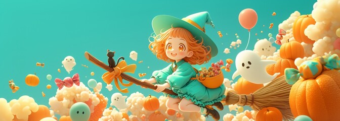 Fototapeta premium Spooky Yet Adorable Halloween 3D Banner Cartoon with Witch, Ghosts, and Candy Frighteningly Fun Decor for All Ages