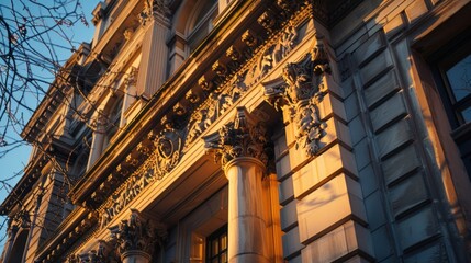 Architectural Details of a Stone Building at Sunset