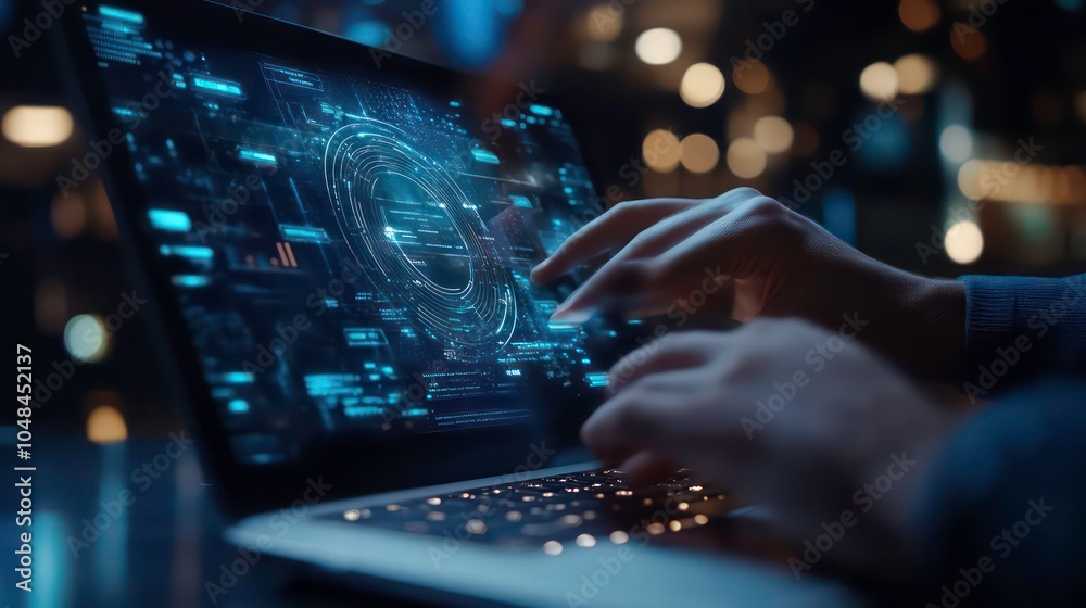 Poster person's hands typing on a laptop with a futuristic digital interface.