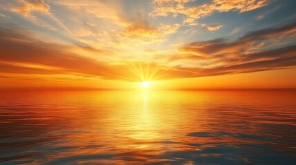 Obraz premium A vibrant sky over the sea at golden hour, with warm amber light spreading across the horizon and casting a glowing reflection on the water