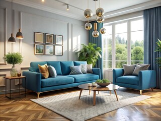 Fototapeta premium Interior of living room with blue sofa .