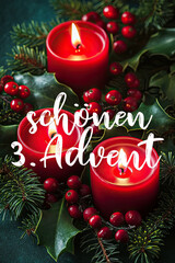 Photography of third Advent arrangement with three candles and holly leaves. The picture is...