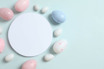 Happy Easter card. Easter eggs on color background, top view