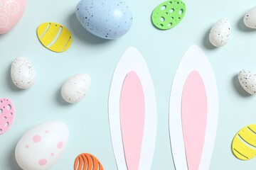 Easter decor concept. Top photo of Easter bunny ears, various eggs and Easter decor on colored background 