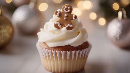 Festive Christmas cupcake with white frosting topped with a cute gingerbread man decoration, surrounded by blurred holiday lights and ornaments for a warm holiday feel