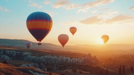 Obraz premium A vibrant sunrise with several colorful hot air balloons rising into the sky, the soft light illuminating the distant hills below