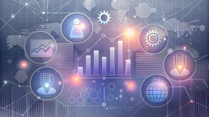 Fototapeta premium Digital business analytics graphic with icons, charts, and data visualizations for professional presentations